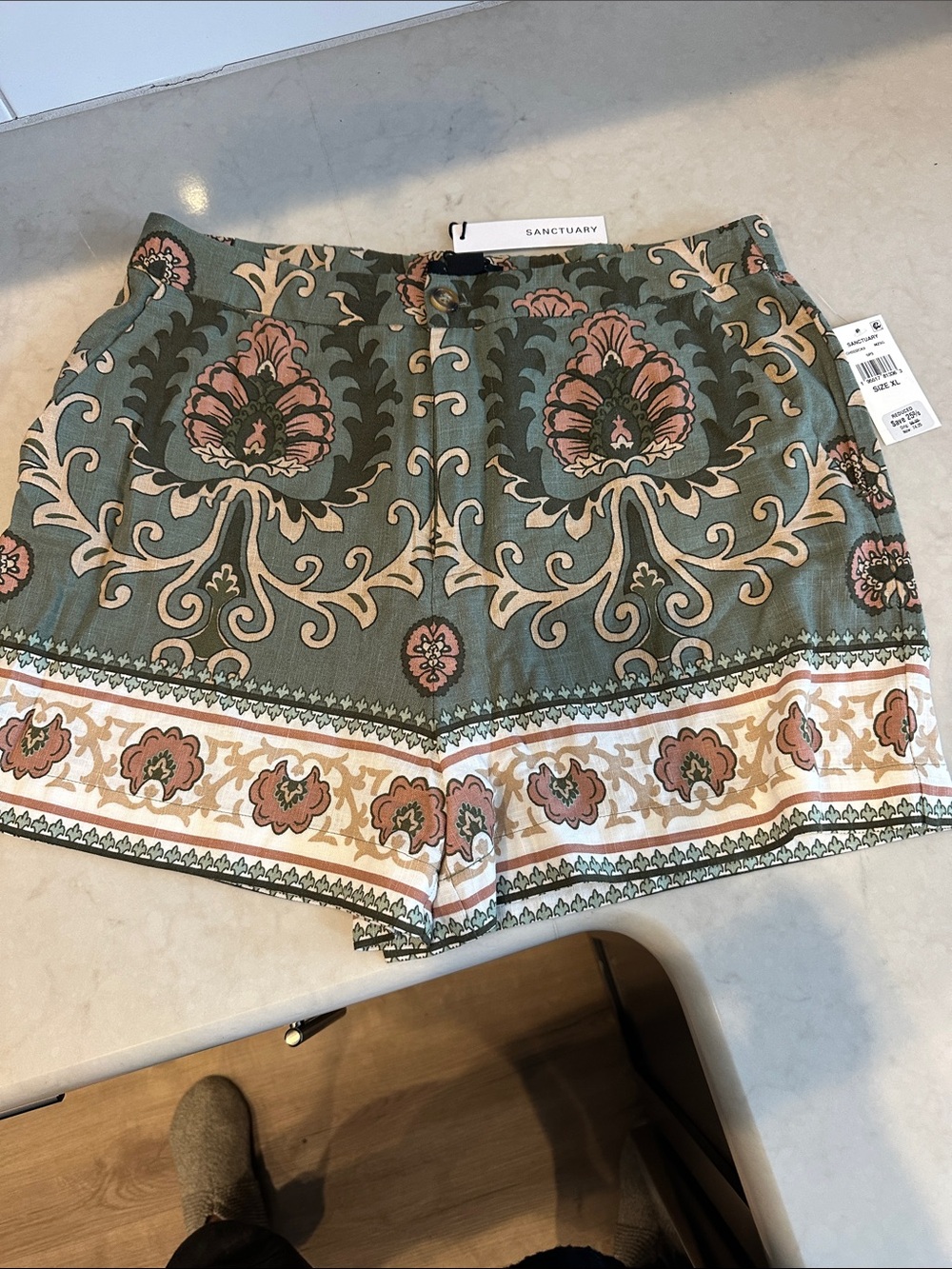 Sanctuary Sage Green & Pink Floral Border Bermuda Shorts